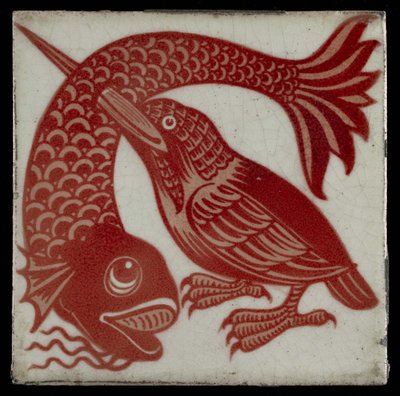 Tile with Kingfisher with Beak through Fish by William de Morgan